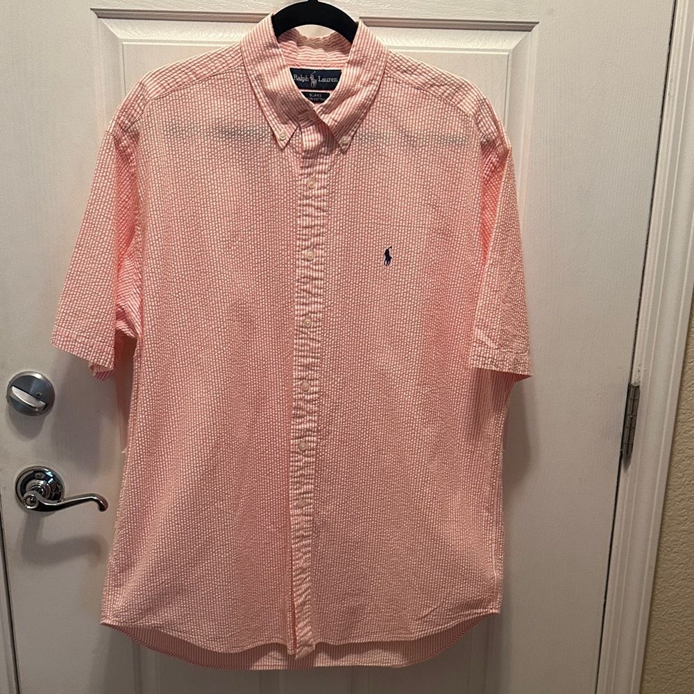 Ralph Lauren 100% Cotton Light Orange and White Striped Short Sleeve Shirt L